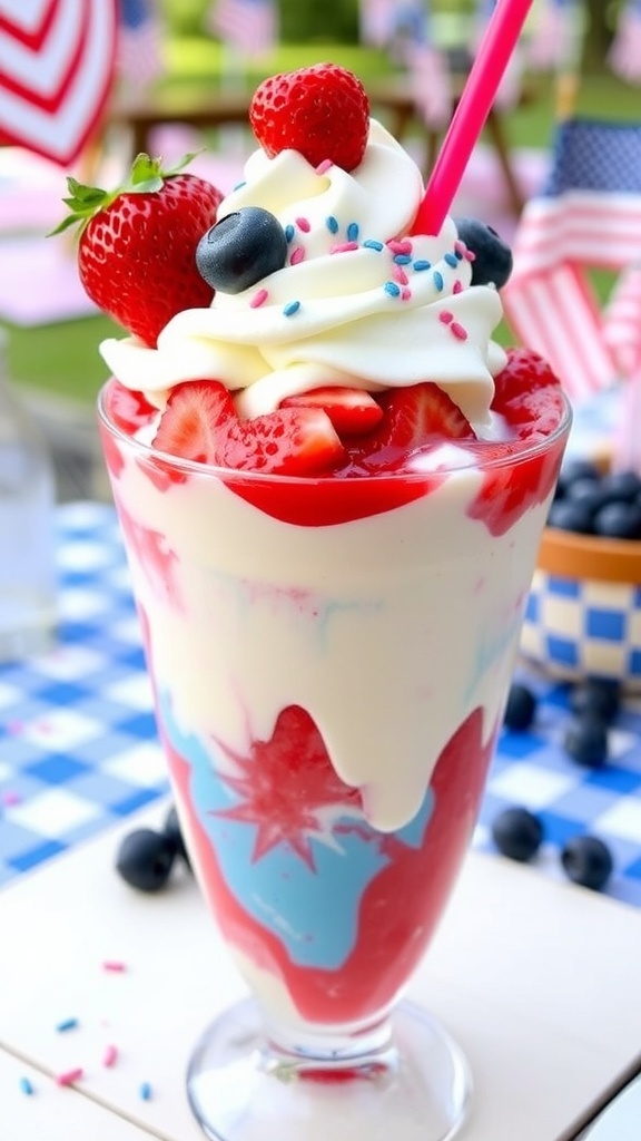 A patriotic ice cream sundae with strawberry, vanilla, and blueberry ice cream, topped with whipped cream and fresh berries.